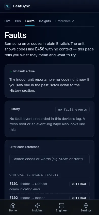 Faults page — Samsung error codes mapped to plain-English explanations and suggested remediations